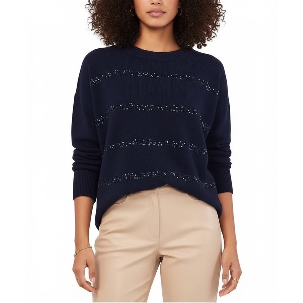 Vince Camuto Womens Navy Sequin Stripe Crew Neck Sweater NWT Size M Stitch Fix